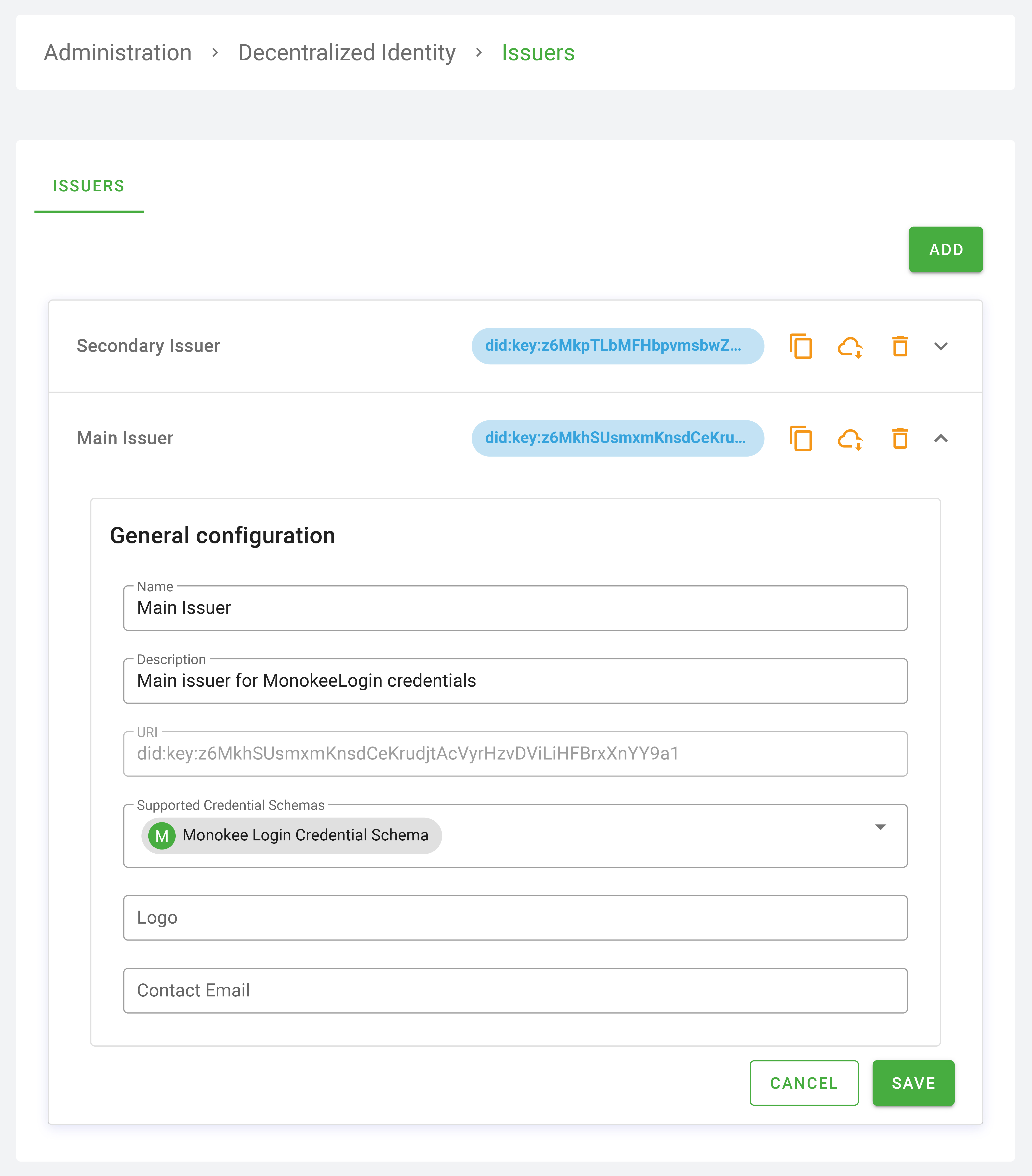 Monokee DCI Capabilities - Monokee Issuers configuration page