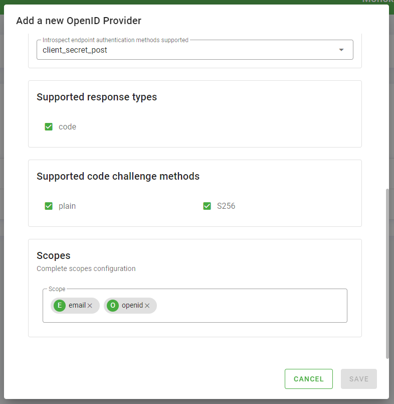 OpenID Provider Supported response types, Supported code challenge methods and Scopes Configuration